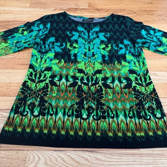 Bob Mackie Shirt Womens Sm Green Wearable Art Pullover Long Sleeve Pattern Top - Picture 6 of 11